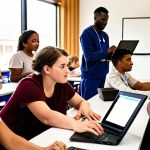 **

A diverse group of people (young, old, different ethnicities) participating in a hands-on digital skills training workshop in a modern, bright classroom setting. Laptops are open, and an instructor is assisting a participant. The atmosphere is collaborative and engaging. In the background, a graph shows upward economic trends. This visually represents targeted training as an investment in the future. Focus on warm lighting and a sense of empowerment.

**