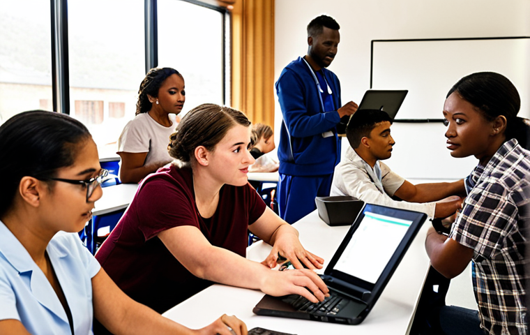 **
A diverse group of people (young, old, different ethnicities) participating in a hands-on digital skills training workshop in a modern, bright classroom setting. Laptops are open, and an instructor is assisting a participant. The atmosphere is collaborative and engaging. In the background, a graph shows upward economic trends. This visually represents targeted training as an investment in the future. Focus on warm lighting and a sense of empowerment.
**
