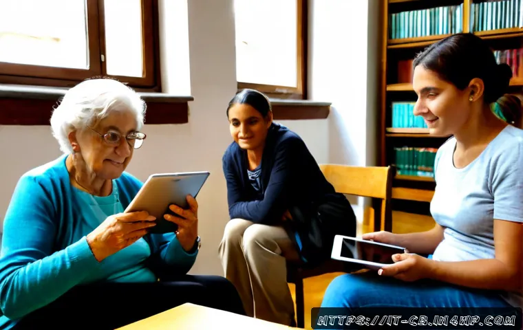 Home 25 기술 격차 해소를 위한 인식 개선 캠페인 - Photorealistic community technology workshop in a bright Italian public library, a patient young ins...