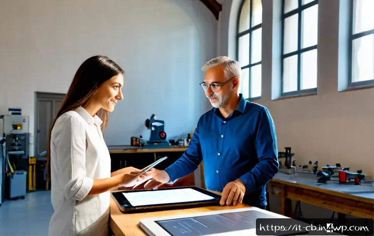 기술 격차 해소를 위한 성공적인 파트너십 - Photorealistic Italian small-business partnership scene in a bright modern workshop in Bologna, an e...