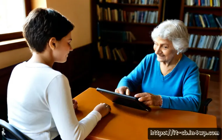 Home 17 기술 격차 해소와 인권 - Photorealistic community technology workshop in a sunlit Italian public library, an elderly Italian ...